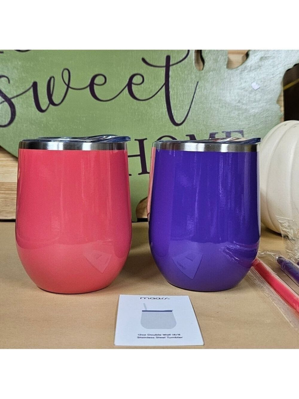 SET OF 4 Wine Tumblers Coral and Purple Stainless Steel 12oz